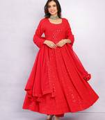 Venetian Red Chikankari Anarkali Dress With Georgette Dupatta & Bottom (Set Of 3)