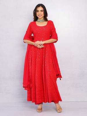 Venetian Red Chikankari Anarkali Dress With Georgette Dupatta & Bottom (Set Of 3) 2