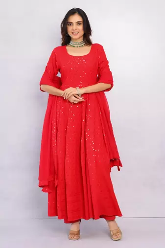 Venetian Red Chikankari Anarkali Dress With Georgette Dupatta & Bottom (Set Of 3)