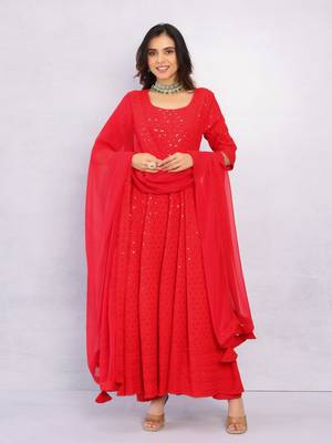 Venetian Red Chikankari Anarkali Dress With Georgette Dupatta & Bottom (Set Of 3) 3