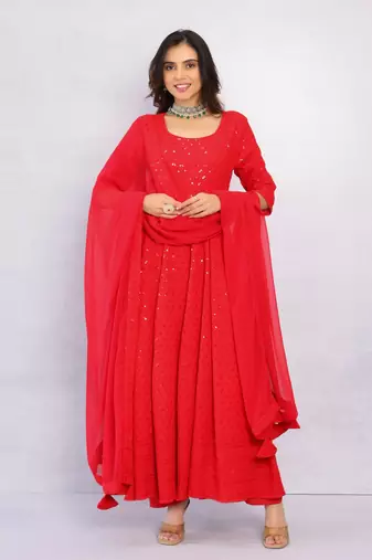 Venetian Red Chikankari Anarkali Dress With Georgette Dupatta & Bottom (Set Of 3)