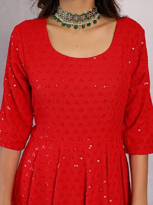 Venetian Red Chikankari Anarkali Dress With Georgette Dupatta & Bottom (Set Of 3) 4