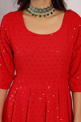 Venetian Red Chikankari Anarkali Dress With Georgette Dupatta & Bottom (Set Of 3)