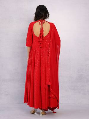Venetian Red Chikankari Anarkali Dress With Georgette Dupatta & Bottom (Set Of 3) 6