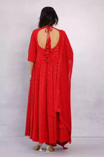 Venetian Red Chikankari Anarkali Dress With Georgette Dupatta & Bottom (Set Of 3)
