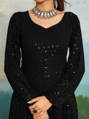 Licorice Black Chikankari Anarkali Dress With Georgette Dupatta & Bottom (Set Of 3) 2