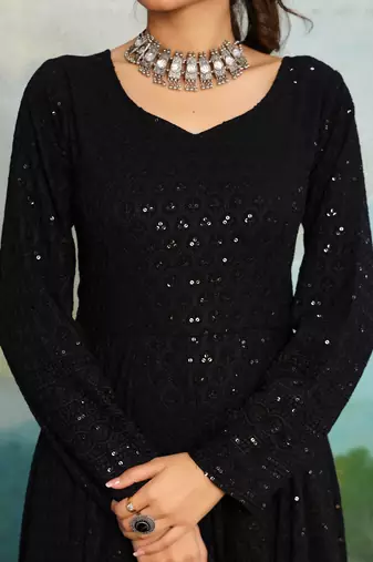 Licorice Black Chikankari Anarkali Dress With Georgette Dupatta & Bottom (Set Of 3)