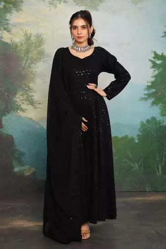 Licorice Black Chikankari Anarkali Dress With Georgette Dupatta & Bottom (Set Of 3)