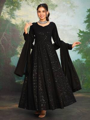 Licorice Black Chikankari Anarkali Dress With Georgette Dupatta & Bottom (Set Of 3) 5