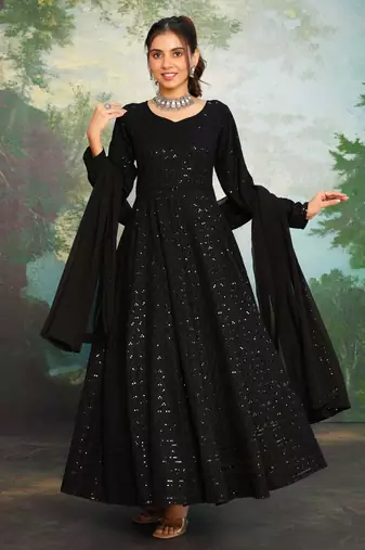 Licorice Black Chikankari Anarkali Dress With Georgette Dupatta & Bottom (Set Of 3)