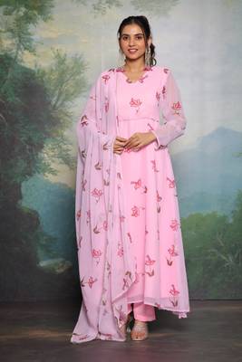 Blush Pink Floral Printed Partywear Anarkali Dress With Bottom & Dupatta(Set Of 3) 1