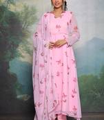 Blush Pink Floral Printed Partywear Anarkali Dress With Bottom & Dupatta(Set Of 3)
