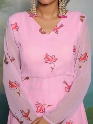 Blush Pink Floral Printed Partywear Anarkali Dress With Bottom & Dupatta(Set Of 3) 3