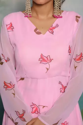 Blush Pink Floral Printed Partywear Anarkali Dress With Bottom & Dupatta(Set Of 3)