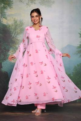 Blush Pink Floral Printed Partywear Anarkali Dress With Bottom & Dupatta(Set Of 3) 4
