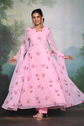 Blush Pink Floral Printed Partywear Anarkali Dress With Bottom & Dupatta(Set Of 3)
