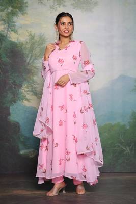 Blush Pink Floral Printed Partywear Anarkali Dress With Bottom & Dupatta(Set Of 3) 5