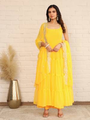 Amber Yellow Solid Long Flared Anarkali Dress With Sequence Work Dupatta & Bottom (Set of 3) 1