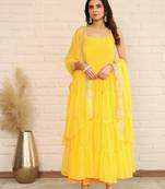Amber Yellow Solid Long Flared Anarkali Dress With Sequence Work Dupatta & Bottom (Set of 3)