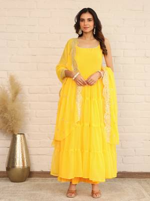 Amber Yellow Solid Long Flared Anarkali Dress With Sequence Work Dupatta & Bottom (Set of 3) 2