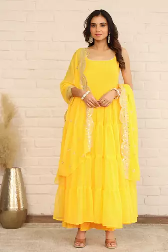 Amber Yellow Solid Long Flared Anarkali Dress With Sequence Work Dupatta & Bottom (Set of 3)