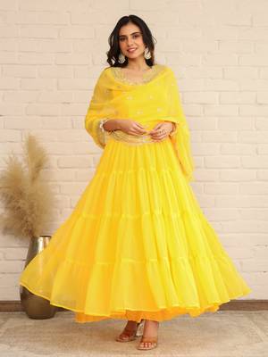 Amber Yellow Solid Long Flared Anarkali Dress With Sequence Work Dupatta & Bottom (Set of 3) 3
