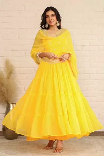 Amber Yellow Solid Long Flared Anarkali Dress With Sequence Work Dupatta & Bottom (Set of 3)
