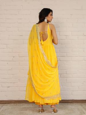 Amber Yellow Solid Long Flared Anarkali Dress With Sequence Work Dupatta & Bottom (Set of 3) 4