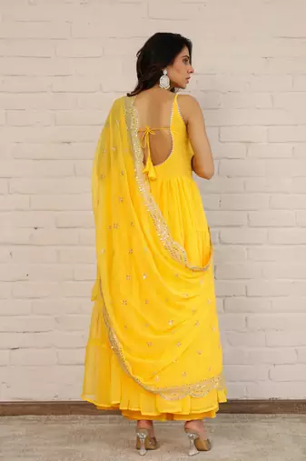 Amber Yellow Solid Long Flared Anarkali Dress With Sequence Work Dupatta & Bottom (Set of 3)