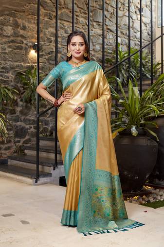 Cream Sarla tissue soft silk bland contrust border saree with Blouse