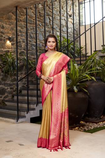 Peach Sarla tissue soft silk bland contrust border saree with Blouse