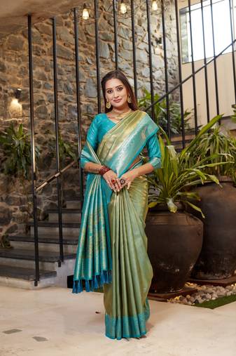 Green Sarla tissue soft silk bland contrust border saree with Blouse