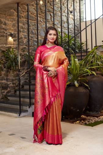 Pink Sarla tissue soft silk bland contrust border saree with Blouse