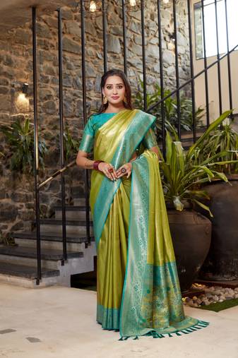 Green Sarla tissue soft silk bland contrust border saree with Blouse