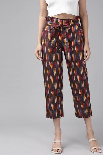 Yash gallery women's cotton ikat  printed regular fit casual trouser pants