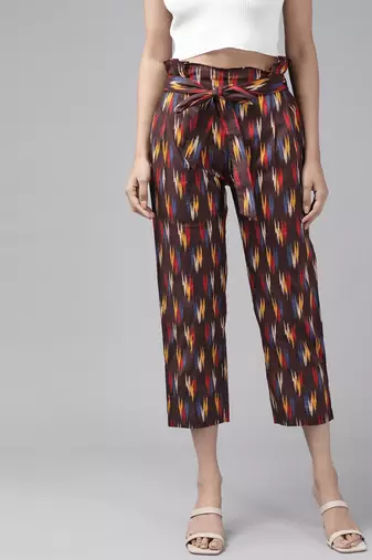 Yash gallery women's cotton ikat  printed regular fit casual trouser pants