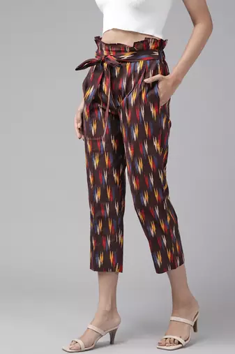  women's cotton ikat printed regular fit casual trouser pants
