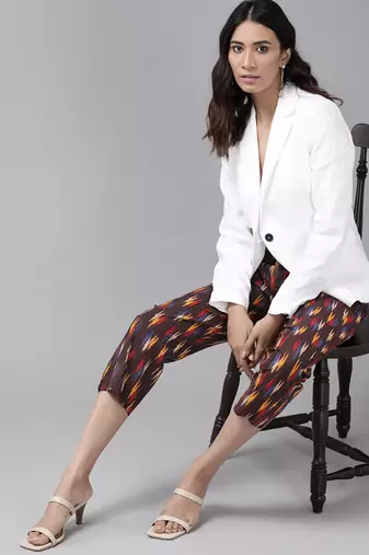  women's cotton ikat printed regular fit casual trouser pants