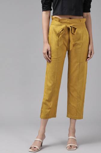 Yash gallery women's cotton flex stripe printed regular fit casual trouser pants