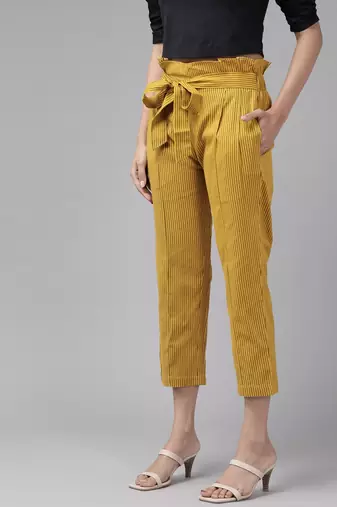  women's cotton flex stripe printed regular fit casual trouser pants