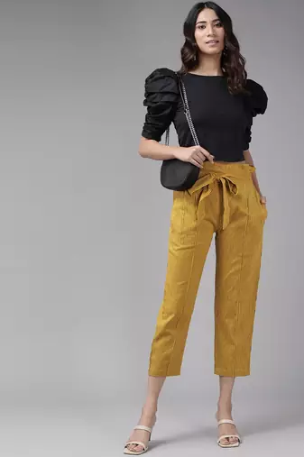  women's cotton flex stripe printed regular fit casual trouser pants