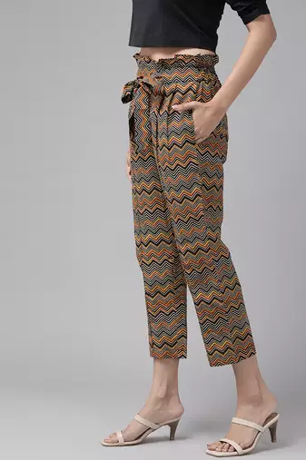  women's cotton zig-zag printed regular fit casual trouser pants