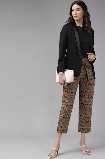  women's cotton zig-zag printed regular fit casual trouser pants
