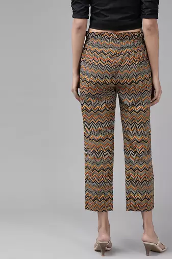 women's cotton zig-zag printed regular fit casual trouser pants