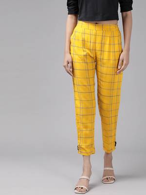  women's rayon checks printed regular fit casual trouser pants 1