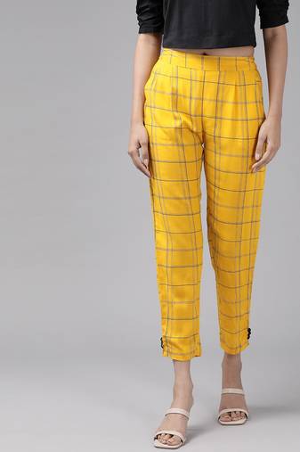 Yash gallery women's rayon checks printed regular fit casual trouser pants