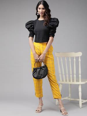  women's rayon checks printed regular fit casual trouser pants 3