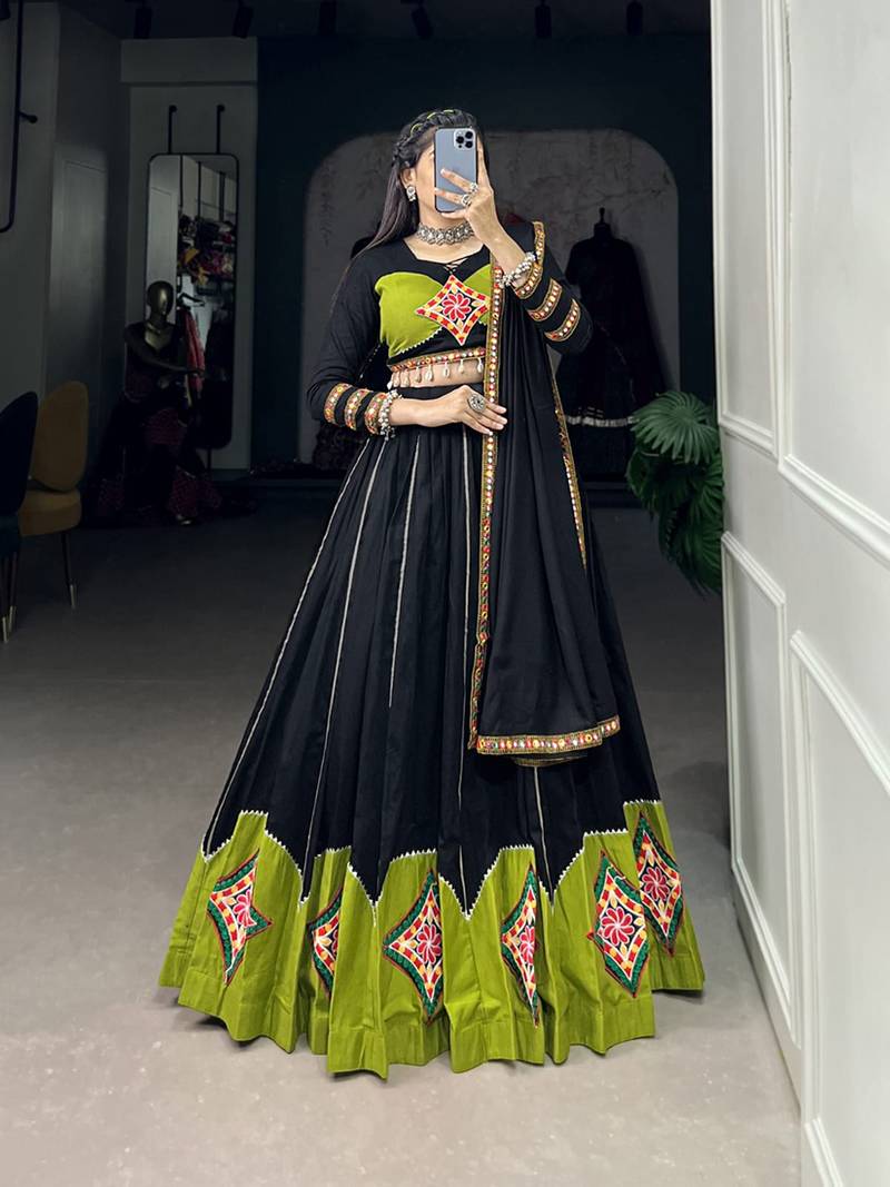 Pure Cotton Navratri Chaniya Choli, Fully Stitched(up to 42)Gamthi Work and Gotta Pati Lehenga ,Blouse And Dupatta