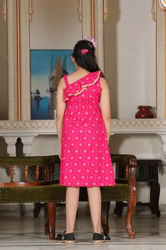  kids one shoulder starp floral printed dress (pink)