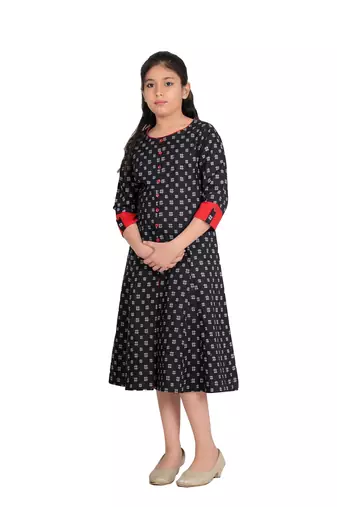  kids cotton geomatrical printed anarkali kurta (black)
